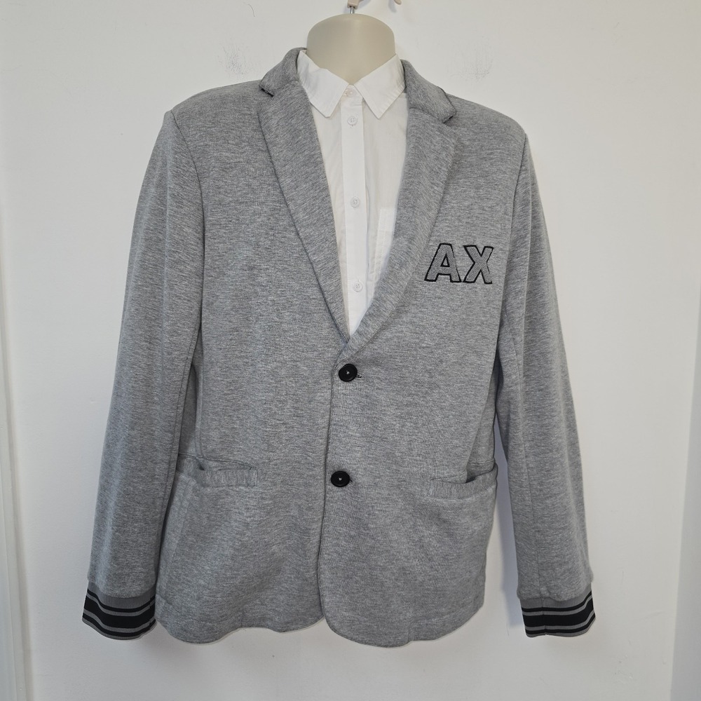 AX Armani Exchange Mens Gray Two Button Knit Blazer Jacket Patch Logo Preppy